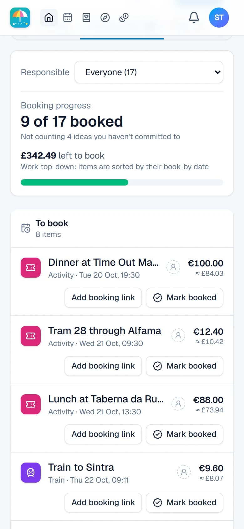 Booking progress for the trip on a phone
