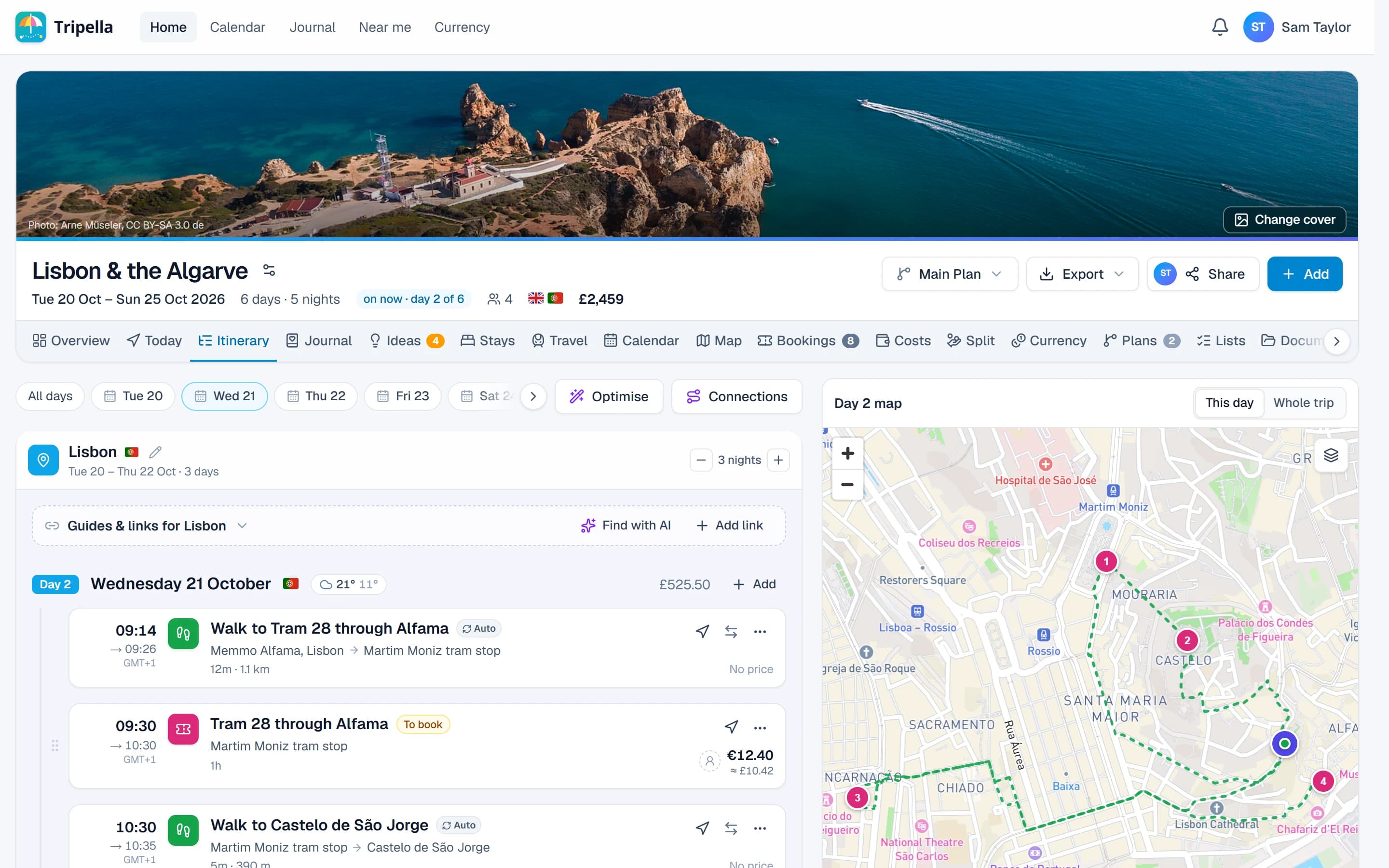A Lisbon trip's day plan with its map