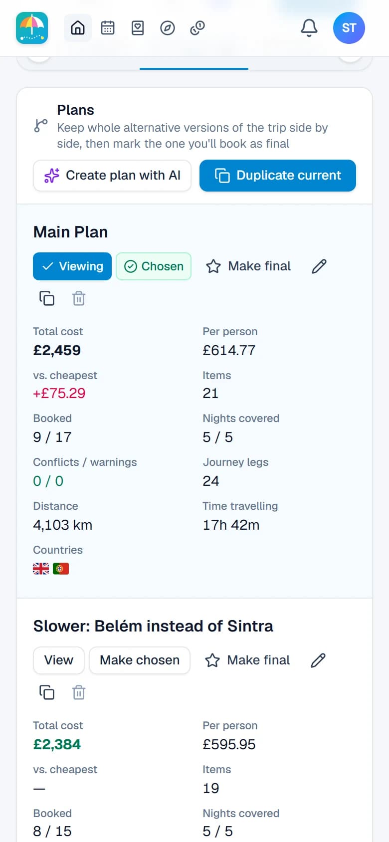 The trip's plans on a phone
