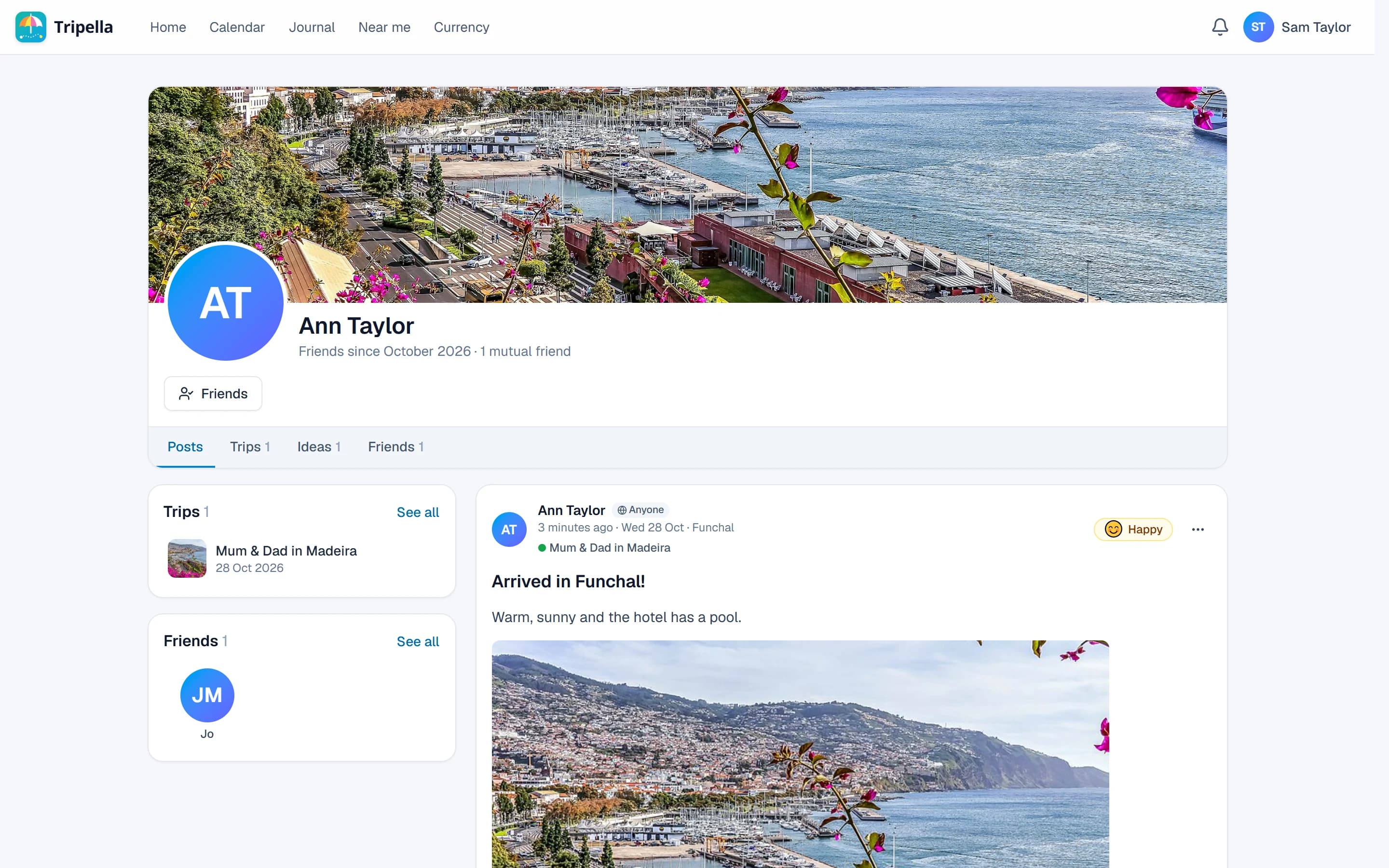 Ann's profile: a sunset banner, her Madeira trip, a friend in common and her post from Funchal