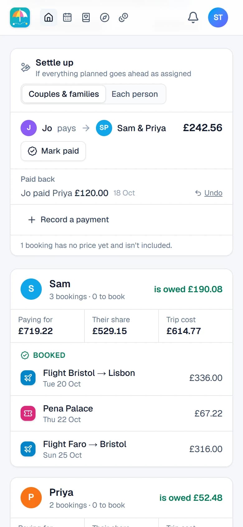 Settling up on a phone: Jo pays Sam and Priya £242.71